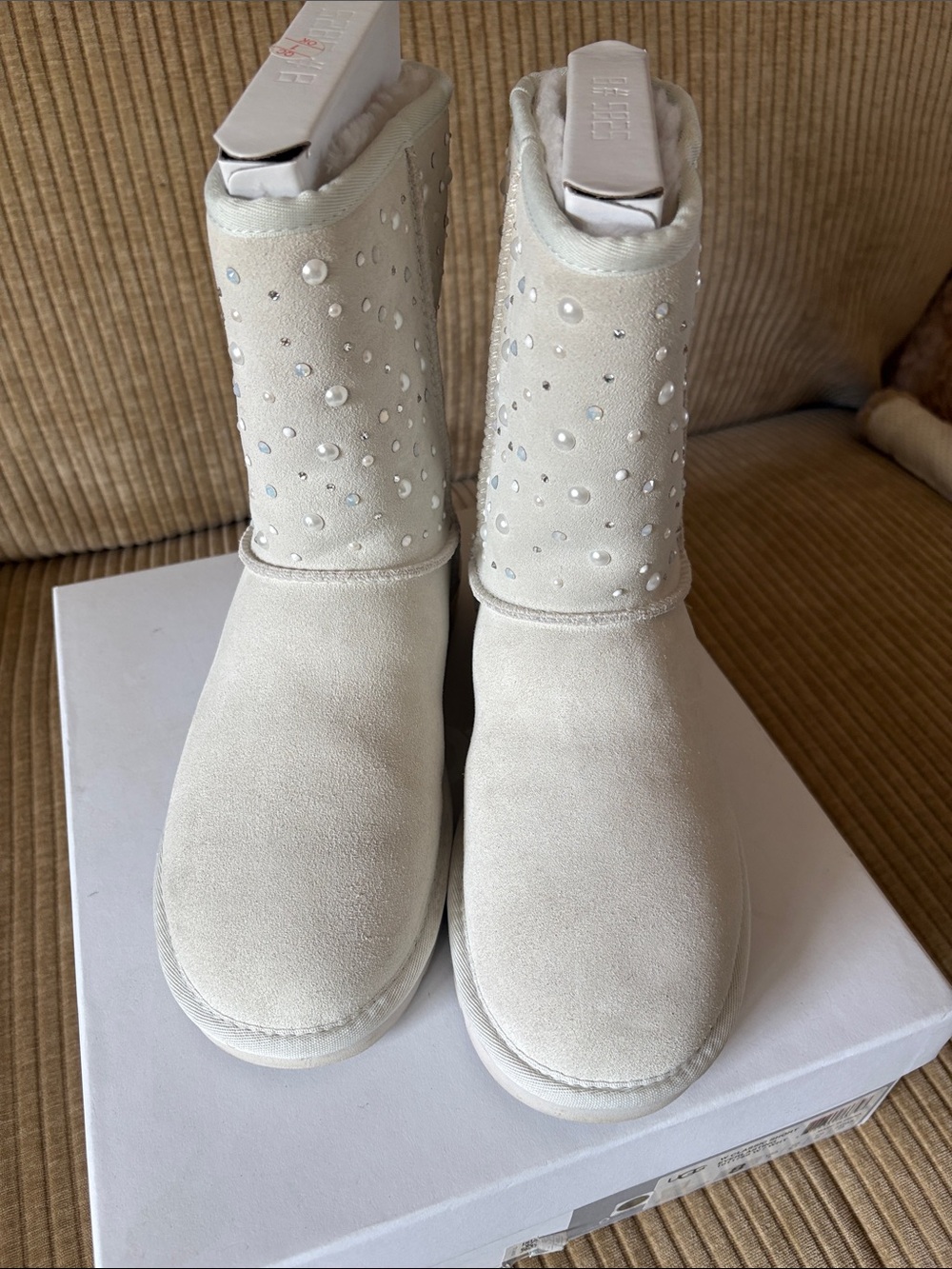 UGG Ivory Suede Pearl & Crystal Embellished Ankle Boots